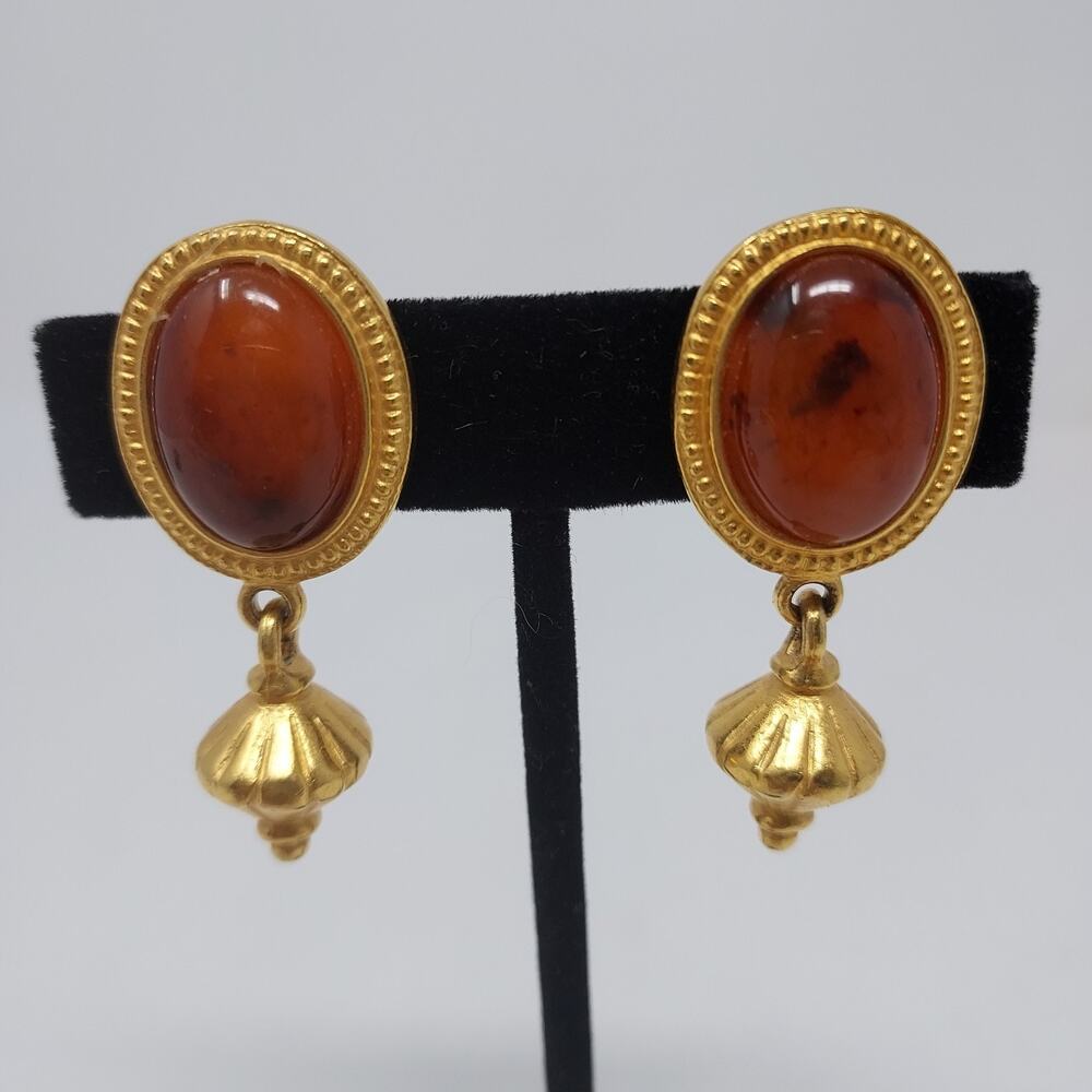 Vintage Ben Amun Glass Cabochon Mogul Gold Tone Dangle Egytian Byzantine 1.75"